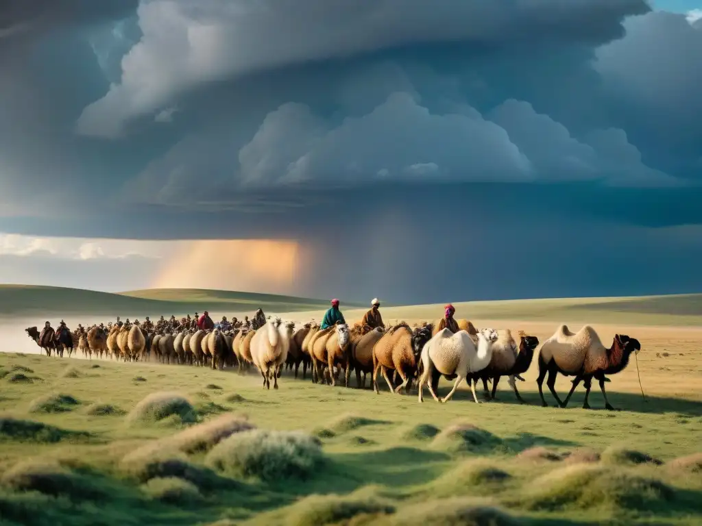 Travesía épica de pastores nómadas en la estepa dorada Épica travesía de pastores nómadas con su ganado en la estepa bajo un cielo dramático