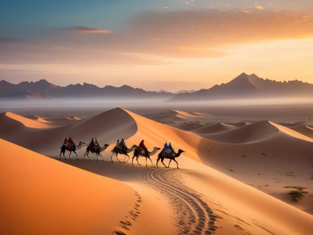 Migración épica de tribus nómadas en desierto al atardecer, con tiendas y camellos, reflejando historia y cultura ancestral