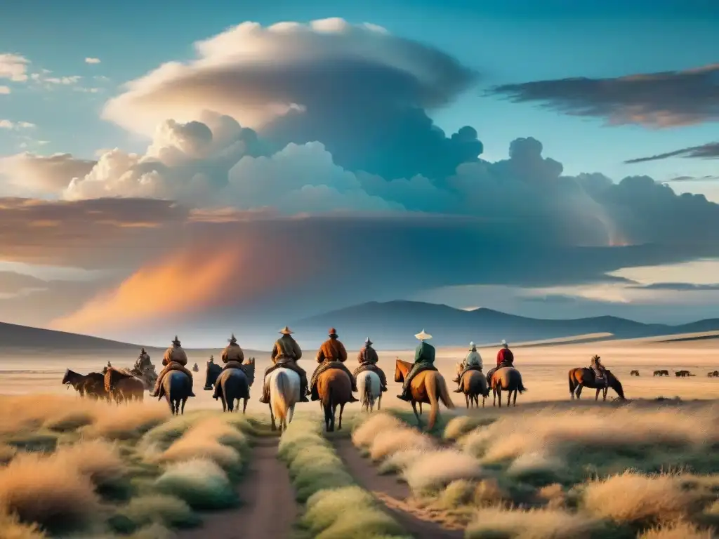 Estepa nomádica: tribu en la vastedad Épica vista de estepa ventosa con tribu nómada a caballo y yurtas, evocando espíritu de epopeyas nómadas literatura moderna