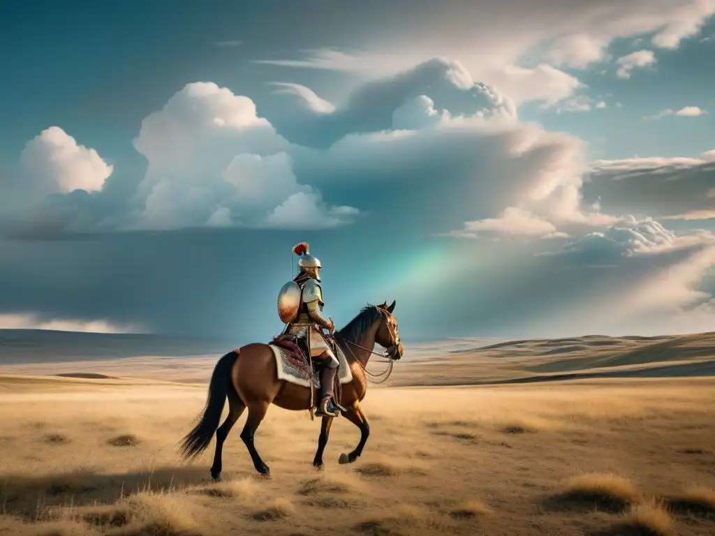 Guerrero nómada en la estepa: épicas historias bajo el cielo Épicas nómadas: guerrero solitario cabalga bajo cielos dramáticos en la estepa