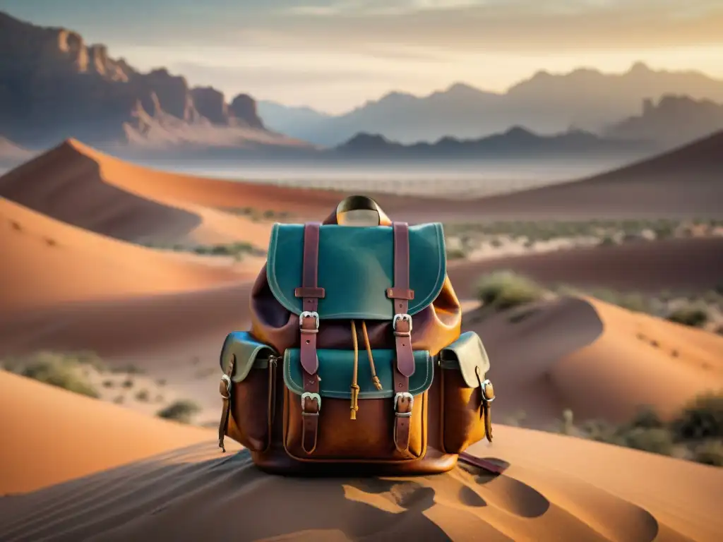 Equipamiento esencial para vida nómada: Mochila de cuero vintage en desierto al atardecer, reflejo de aventura y libertad