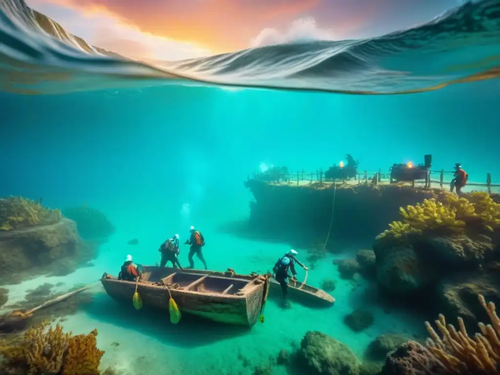 Un equipo de arqueólogos estudia un antiguo naufragio en aguas turquesa, con un cálido atardecer de fondo