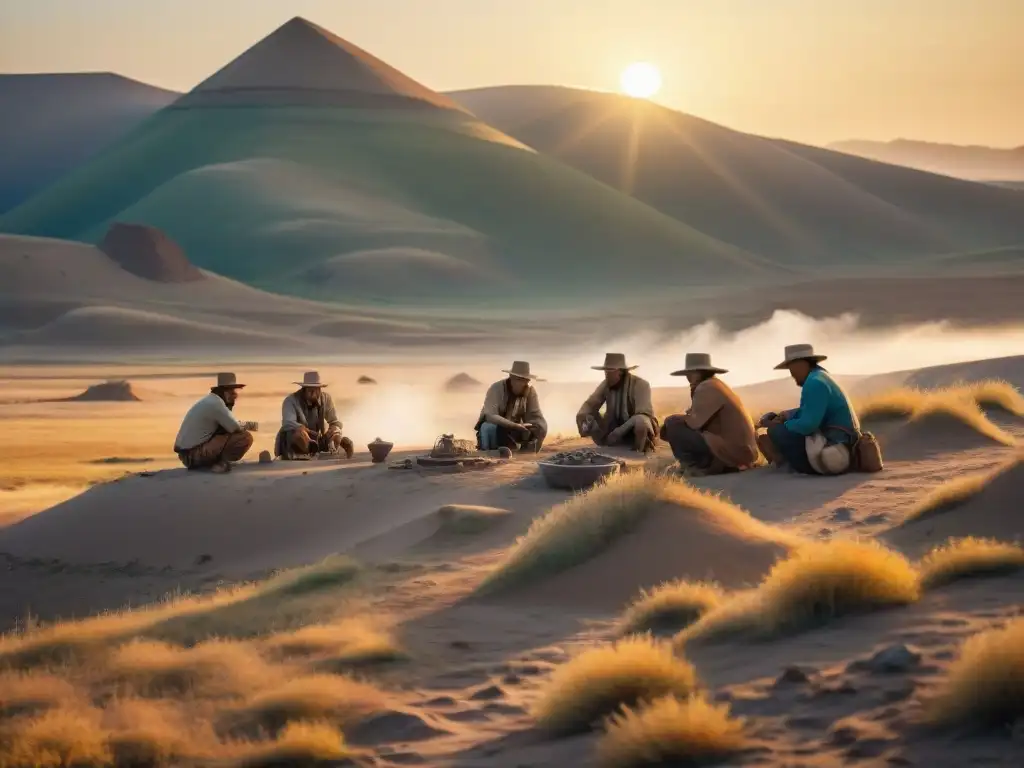 Equipo de arqueólogos excavando artefactos antiguos al atardecer en estepas