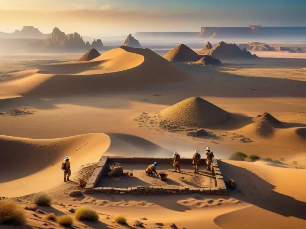 Equipo de arqueólogos excavando artefactos antiguos en un paisaje desértico con tribus nómadas al fondo al atardecer