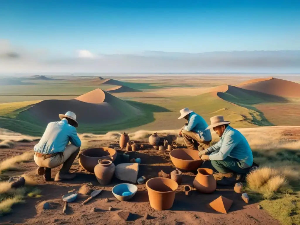 Equipo de arqueólogos excavando artefactos en asentamientos de las estepas, evocando descubrimientos recientes y la historia antigua