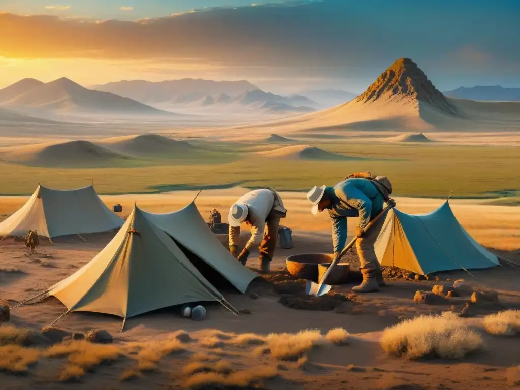 Un equipo de arqueólogos descubriendo asentamientos en las estepas al atardecer