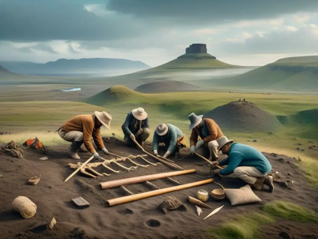 Equipo de arqueólogos excavando restos óseos de tribus nómadas en la estepa bajo cielo nublado