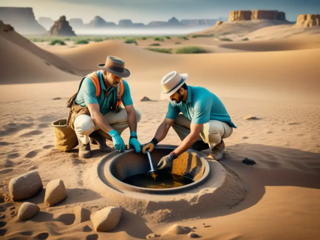 Un equipo de arqueólogos en ropa tradicional excavando un pozo antiguo en un oasis del desierto