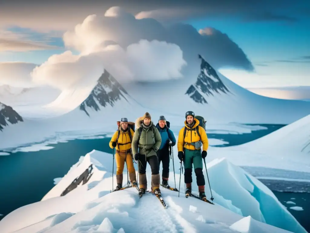 Equipo de exploración para climas extremos: Grupo de exploradores en la cima nevada de una montaña, victoriosos ante la naturaleza desafiante