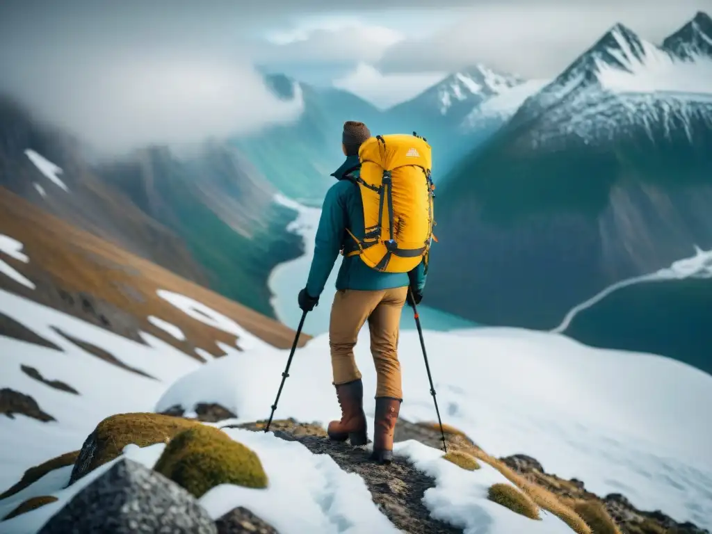 Equipo de exploración para climas extremos: Grupo de exploradores atraviesa una montaña nevada con mochilas y bastones