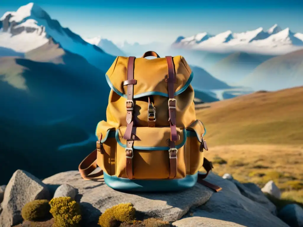 Equipo de exploración para climas extremos: Mochila del explorador vintage frente a una majestuosa cordillera nevada