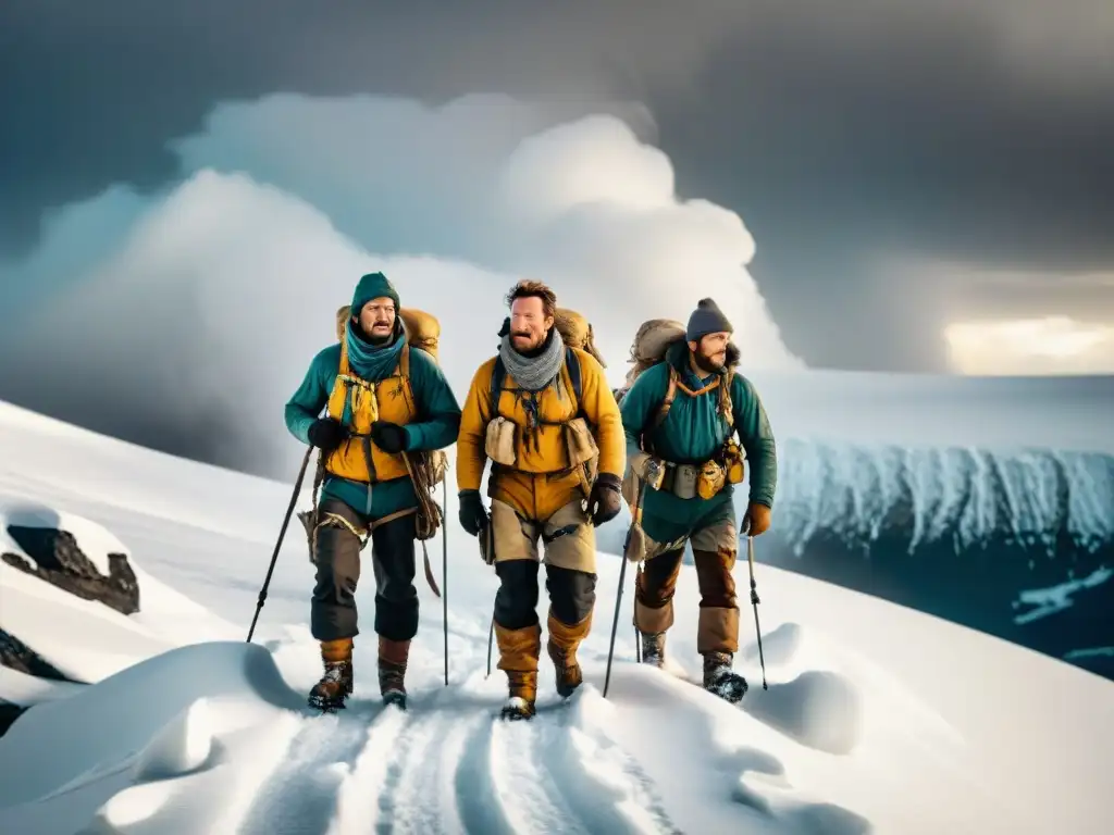 Equipo de exploración para climas extremos desafiando la naturaleza en paisaje helado y tormentoso