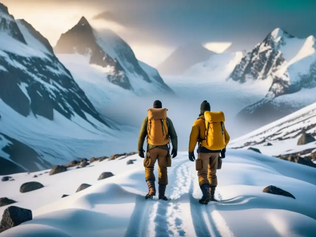 Equipo de exploración para climas extremos enfrentando una tormenta de nieve en un paisaje gélido y remoto