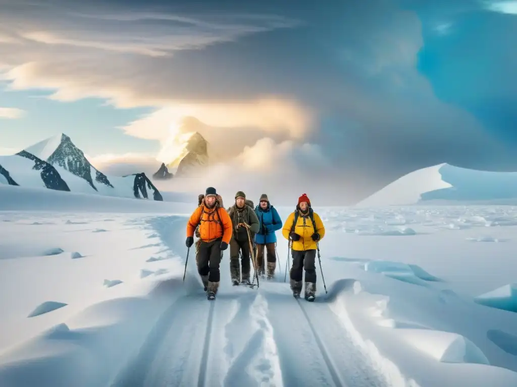 Equipo de exploración para climas extremos surcando la tundra helada en medio de una tormenta de nieve