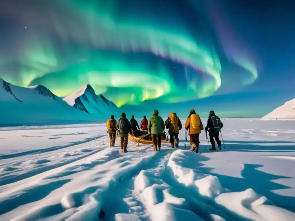 Equipo de exploración para climas extremos enfrentando ventiscas y auroras boreales en la tundra helada