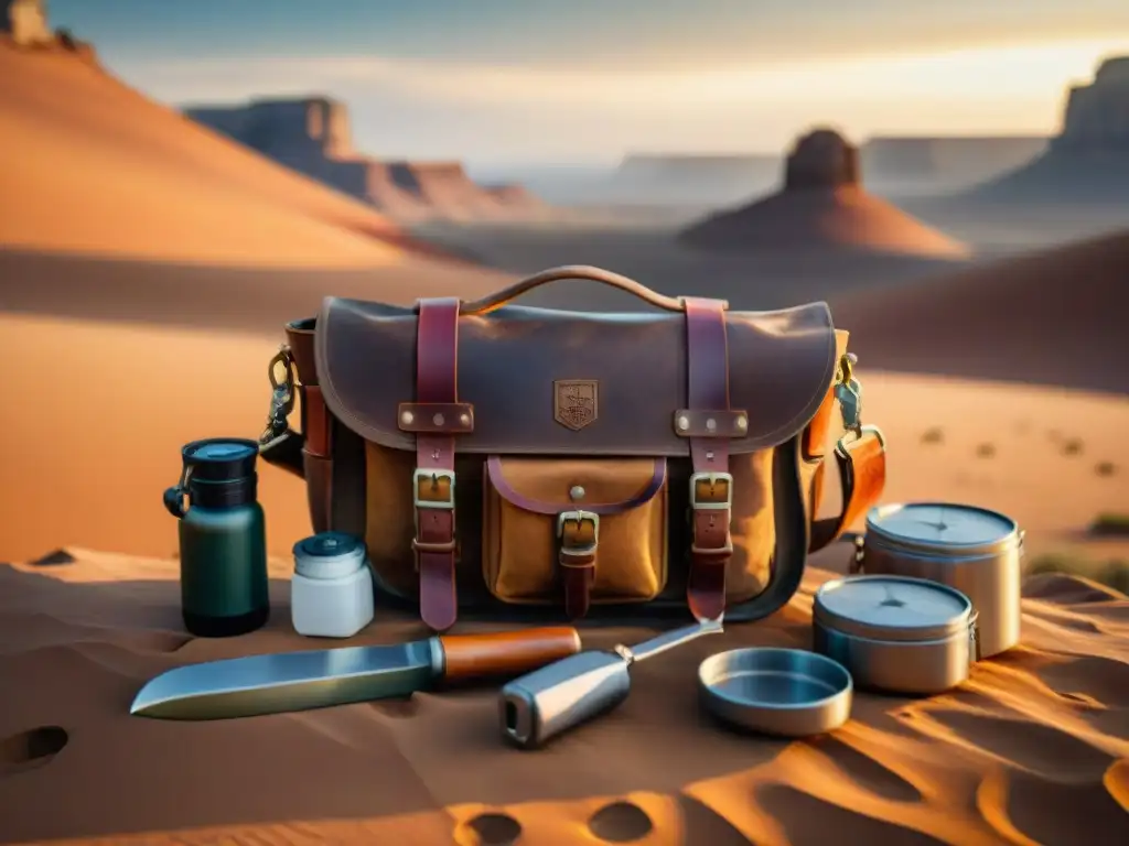 Kit de explorador nómada en desierto al atardecer Equipo esencial para explorador de tribus nómadas en desierto al atardecer