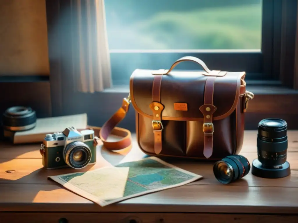 Equipo esencial de fotografía nómada sobre mesa rústica: cámara, lentes, mapa, brújula y guía