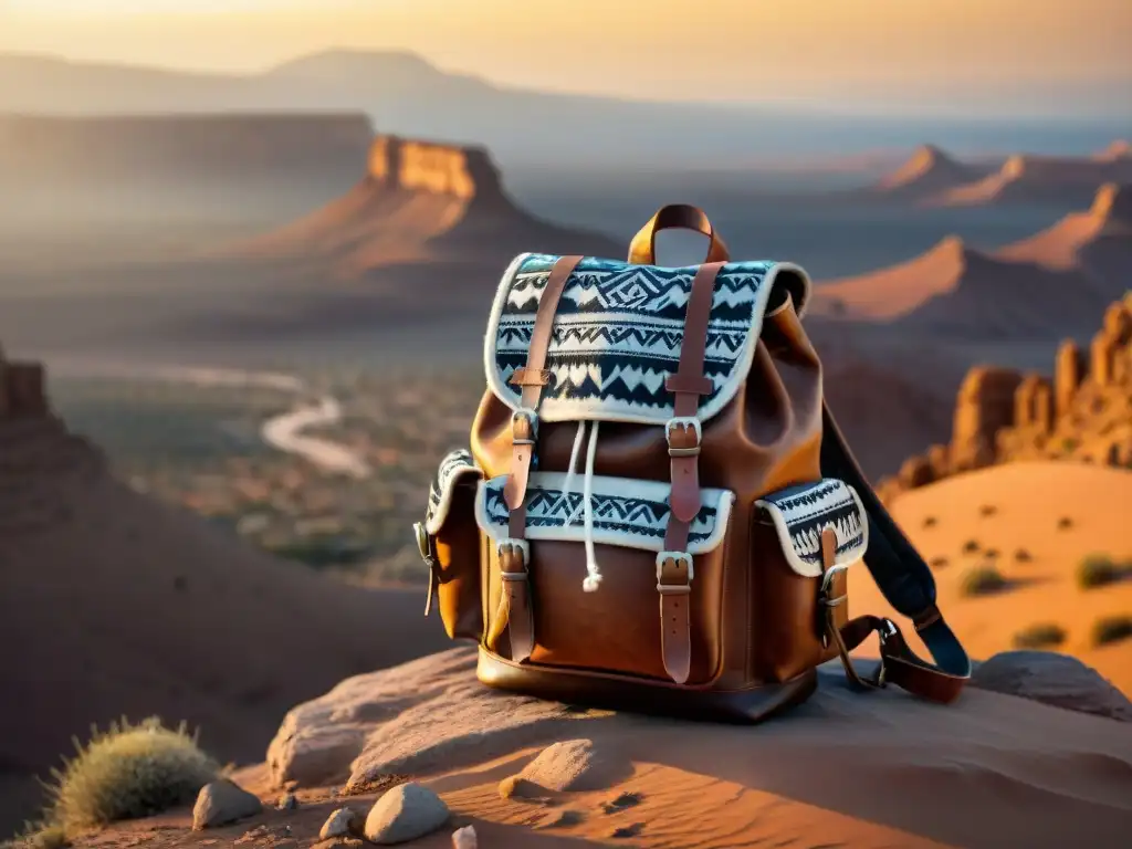 Equipo de exploración para tribus nómadas: Mochila de cuero desgastado con patrones tribales en un escenario desértico al atardecer