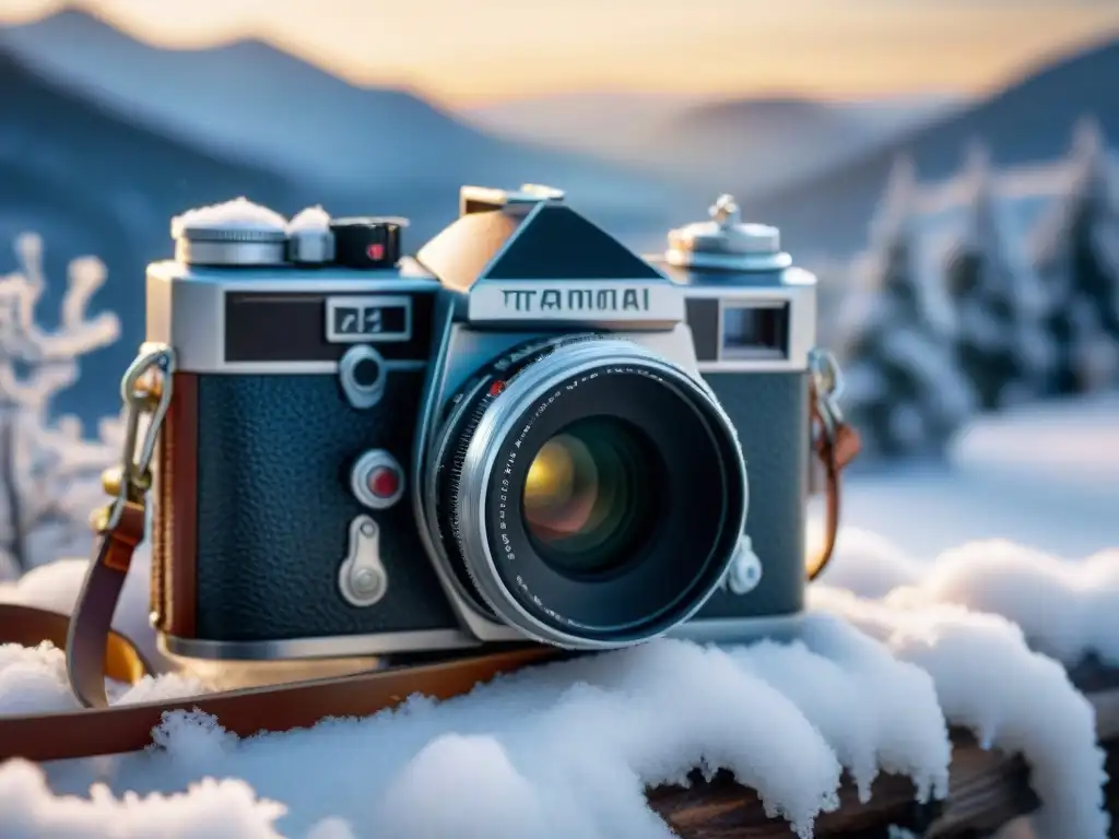 Equipo fotográfico en bajas temperaturas: Una cámara vintage cubierta de escarcha en un paisaje nevado con árboles nevados al fondo