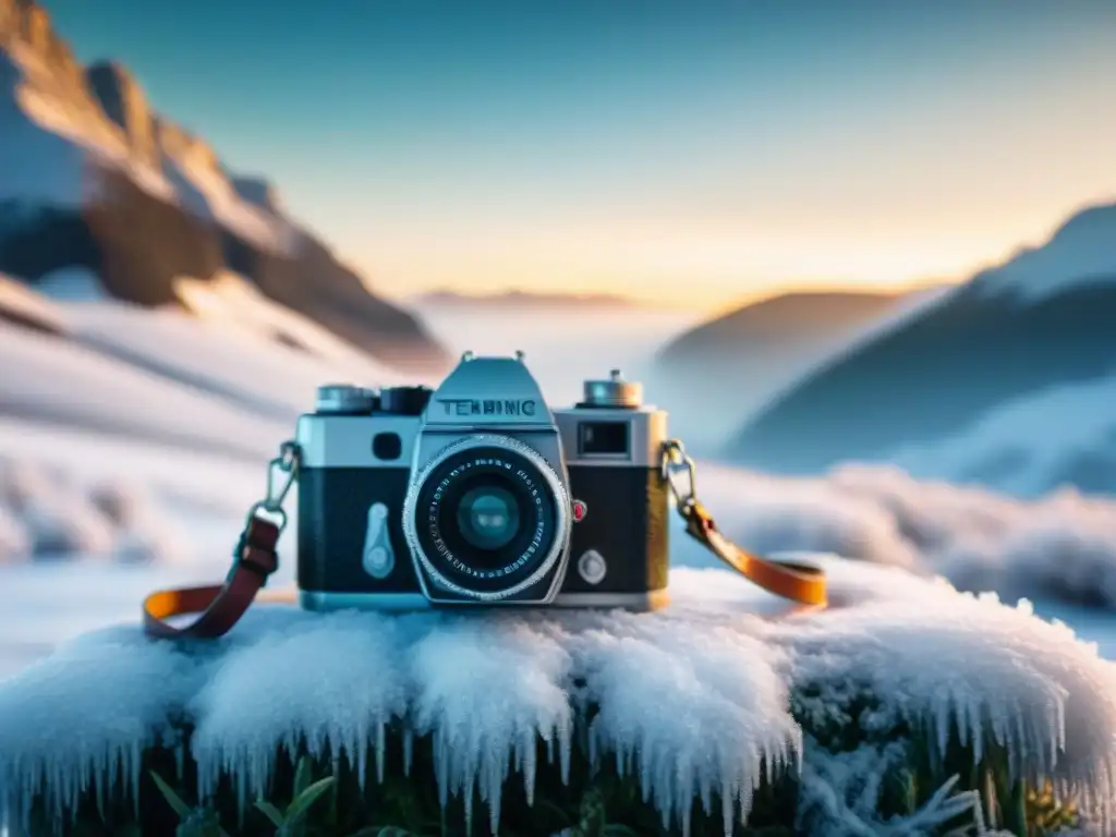 Equipo fotográfico en bajas temperaturas: Una cámara clásica cubierta de escarcha en un paisaje nevado al amanecer