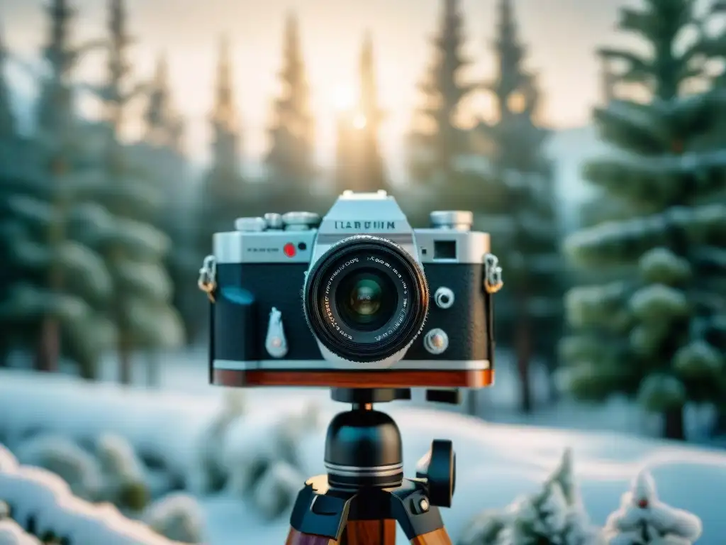 Equipo fotográfico en bajas temperaturas: Cámara vintage detallada rodeada de pinos helados en paisaje invernal sereno