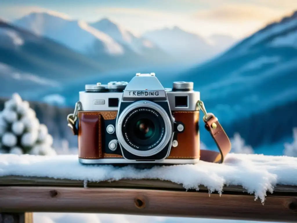 Equipo fotográfico en bajas temperaturas: Antiguo estuche de cuero y cámara vintage en un banco nevado