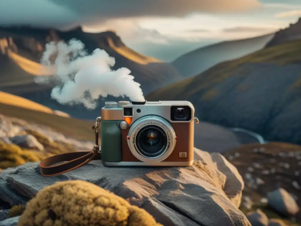 Equipo fotográfico resistente en cima de montaña rocosa con cielo nublado dramático