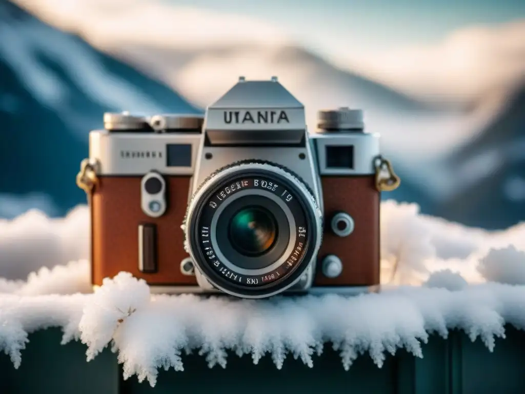 Equipo fotográfico vintage en bajas temperaturas, detallado y cubierto de copos de nieve, en un paisaje nevado y nostálgico