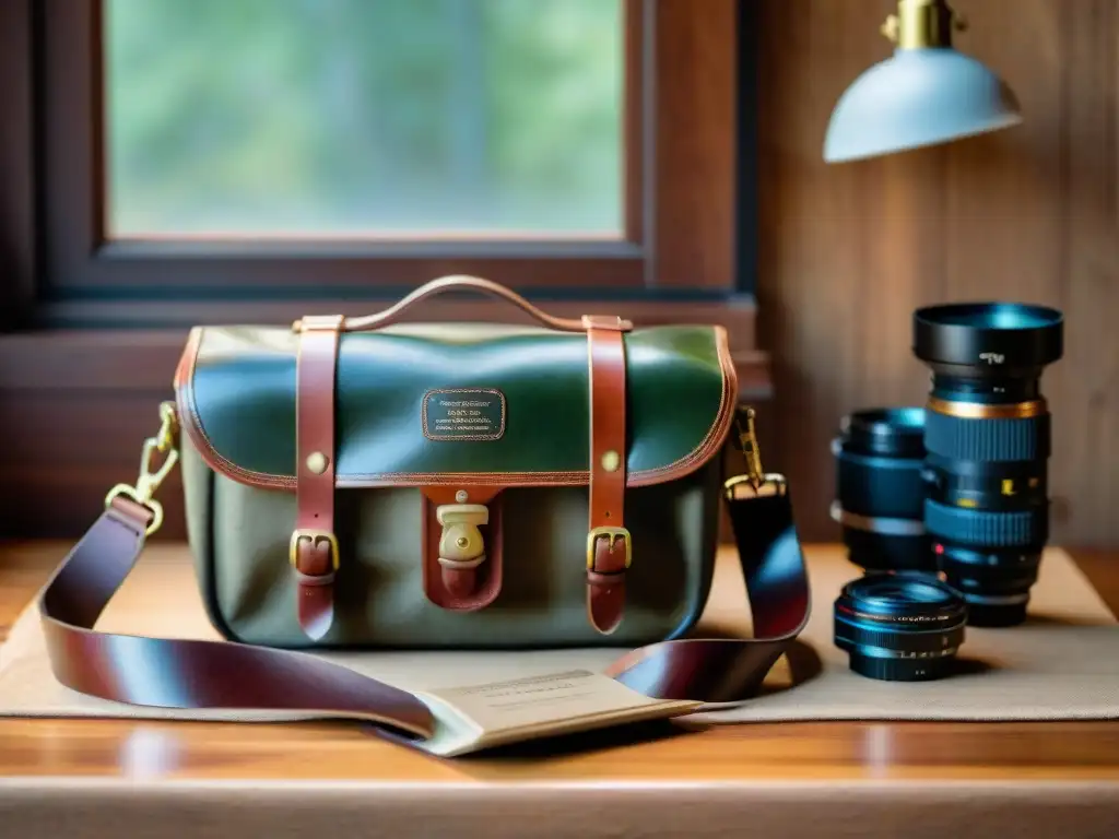 Equipo fotográfico vintage en bolso de cuero en mesa de madera con luz natural