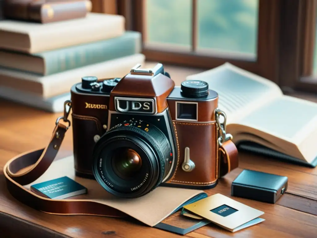 Equipo de fotografía nómada en mesa de madera: cámara, tarjetas de memoria y diario de viaje en cuero