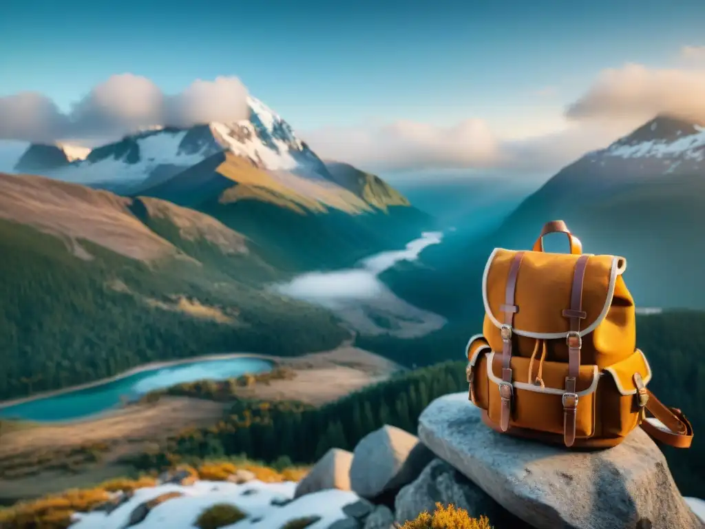 Equipo para vida nómada invierno: Mochila vintage cubierta de escarcha, fogata encendida y montaña nevada al fondo