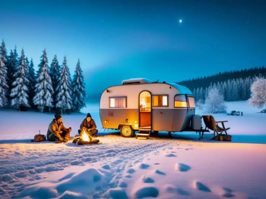 Equipo para vida nómada invierno: Caravana vintage acogedora en paisaje nevado con amigos alrededor del fuego