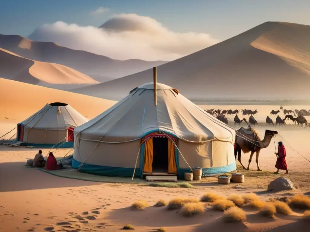 Escena de arquitectura nómada para estilos de vida en desierto, con tribu montando yurtas al atardecer junto a camellos