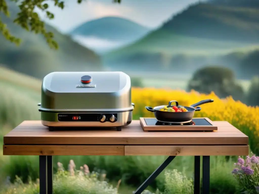 Escena campestre con equipos de cocina portátiles tecnología en mesa de madera rústica, bañados por cálida luz solar y flores silvestres