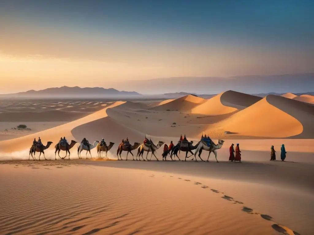 Una escena cautivadora de una tribu nómada montando su campamento al atardecer en el desierto