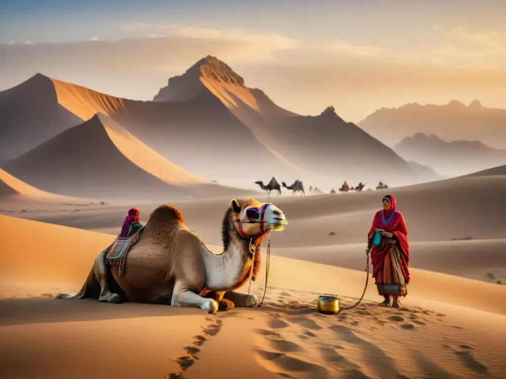 Una escena conmovedora de una familia nómada en el desierto, donde una mujer ordeña un majestuoso camello