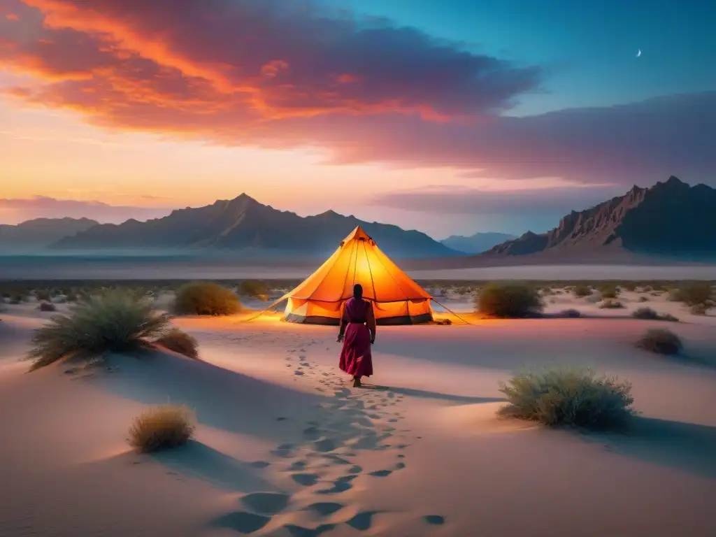 Escena de desierto sereno al atardecer con tienda nómada iluminada y figura contemplativa