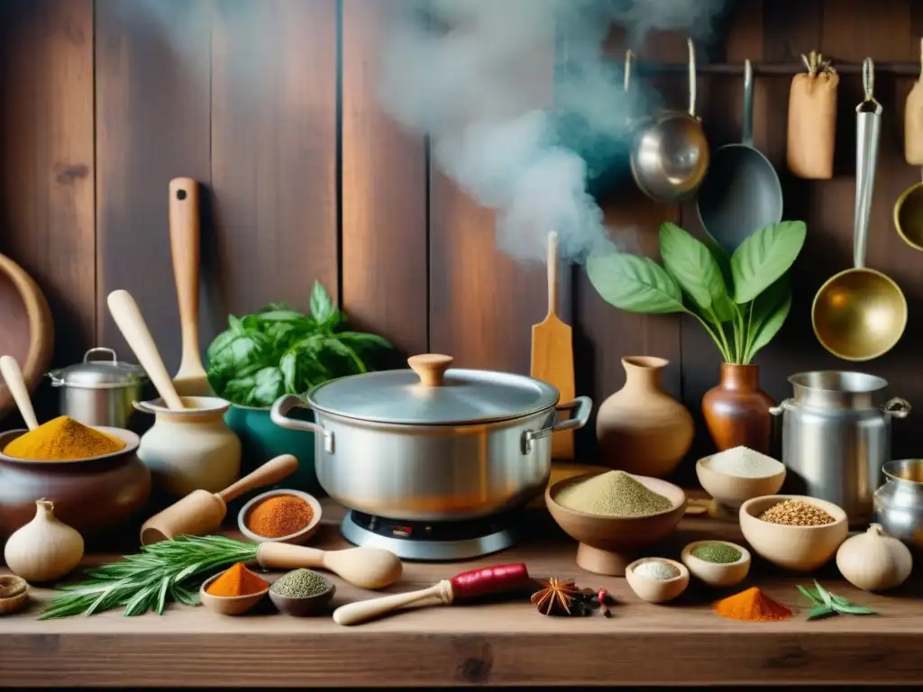 Escena detallada de una cocina vintage con utensilios y ingredientes de diversas culturas en una mesa de madera