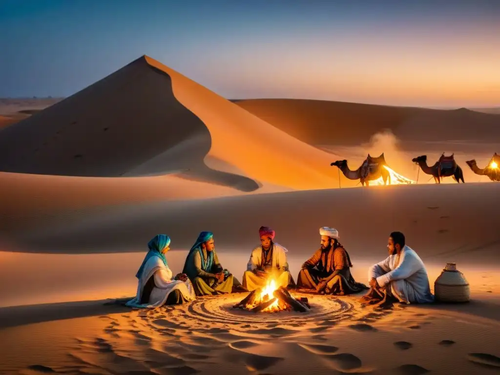 Escena detallada de tribu nómada en el desierto del Sahara, con tiendas intrincadas, camellos y fogata al atardecer