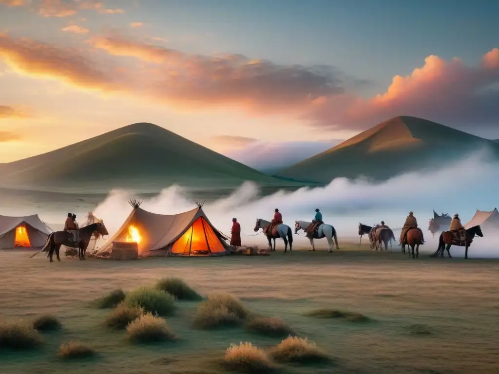 Escena detallada de tribu nómada en las estepas al atardecer, creando un taller de fotografía tribus nómadas