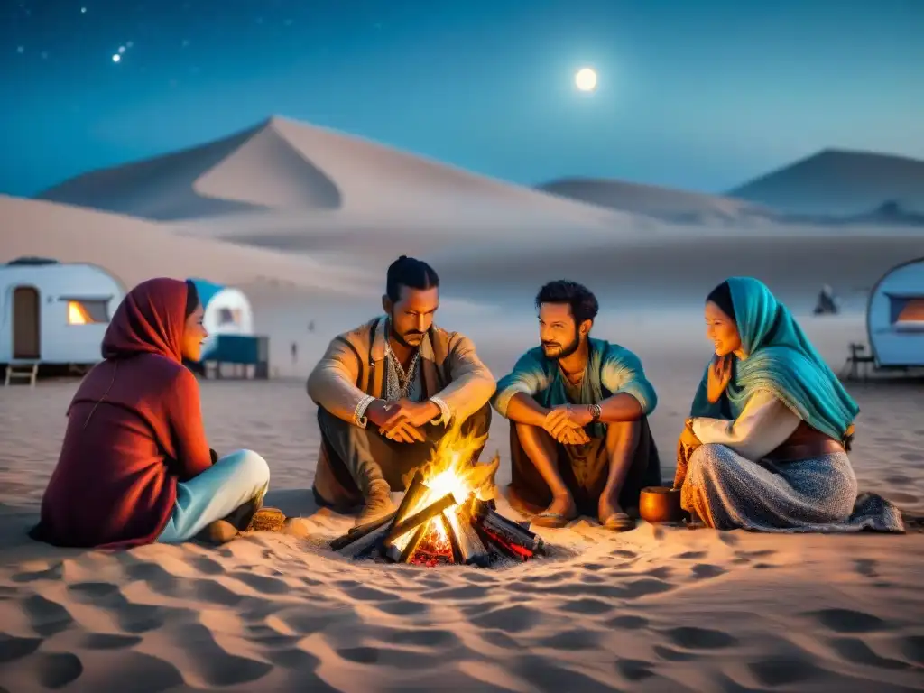 Una escena detallada de tribus nómadas alrededor de una fogata bajo un cielo estrellado, con tiendas y caravanas en el fondo