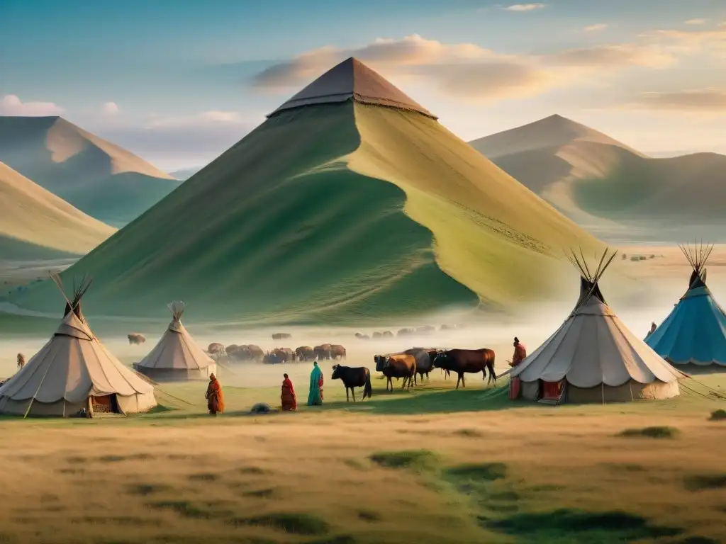 Vida nómada en las estepas: ilustración detallada de una tribu tradicional Escena detallada de la vida de tribus nómadas esteparias: tiendas tradicionales, actividades diarias y paisaje vasto