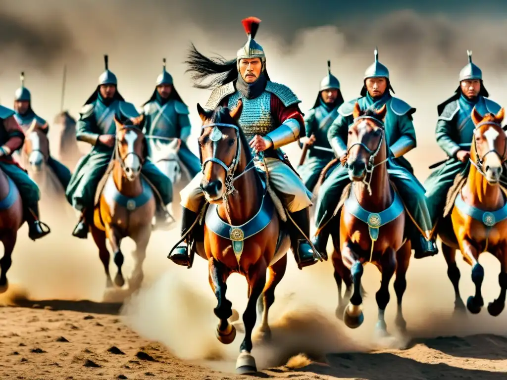 Escena épica de Genghis Khan y sus guerreros mongoles en las estepas, mostrando innovaciones tácticas tribus nómadas guerra