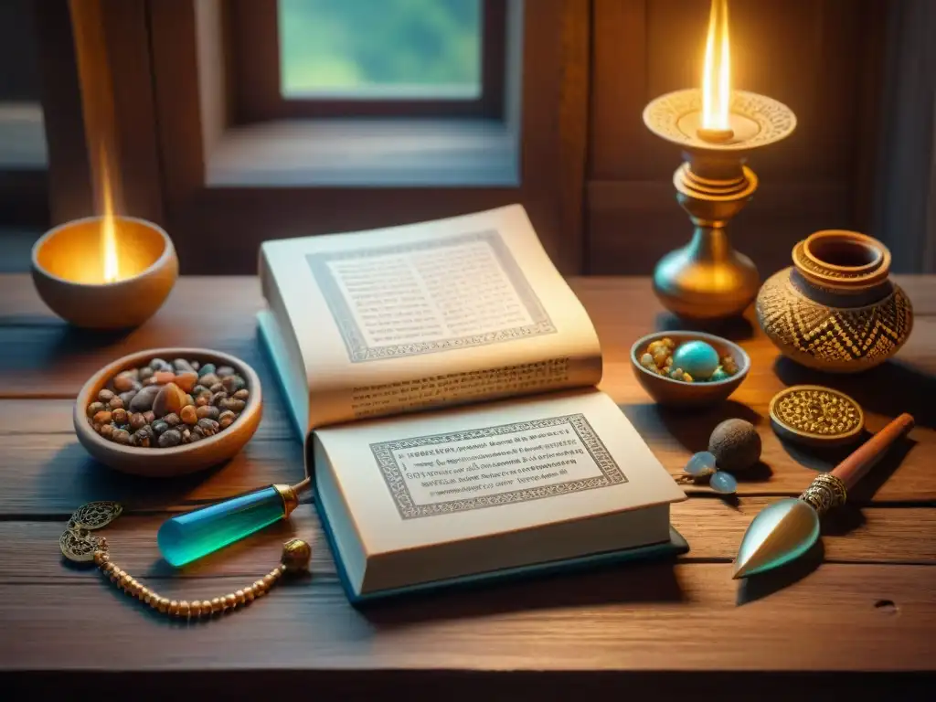 Una escena evocadora de historia y misterio: artefactos clave de tribus nómadas en una mesa de madera iluminada en tonos dorados