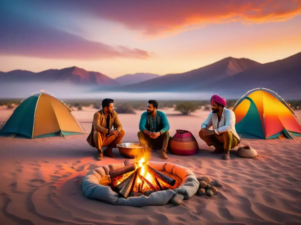 Una escena evocadora de la vida nómada: tribu reunida alrededor de fogata, asando carne en espetones bajo un atardecer desértico