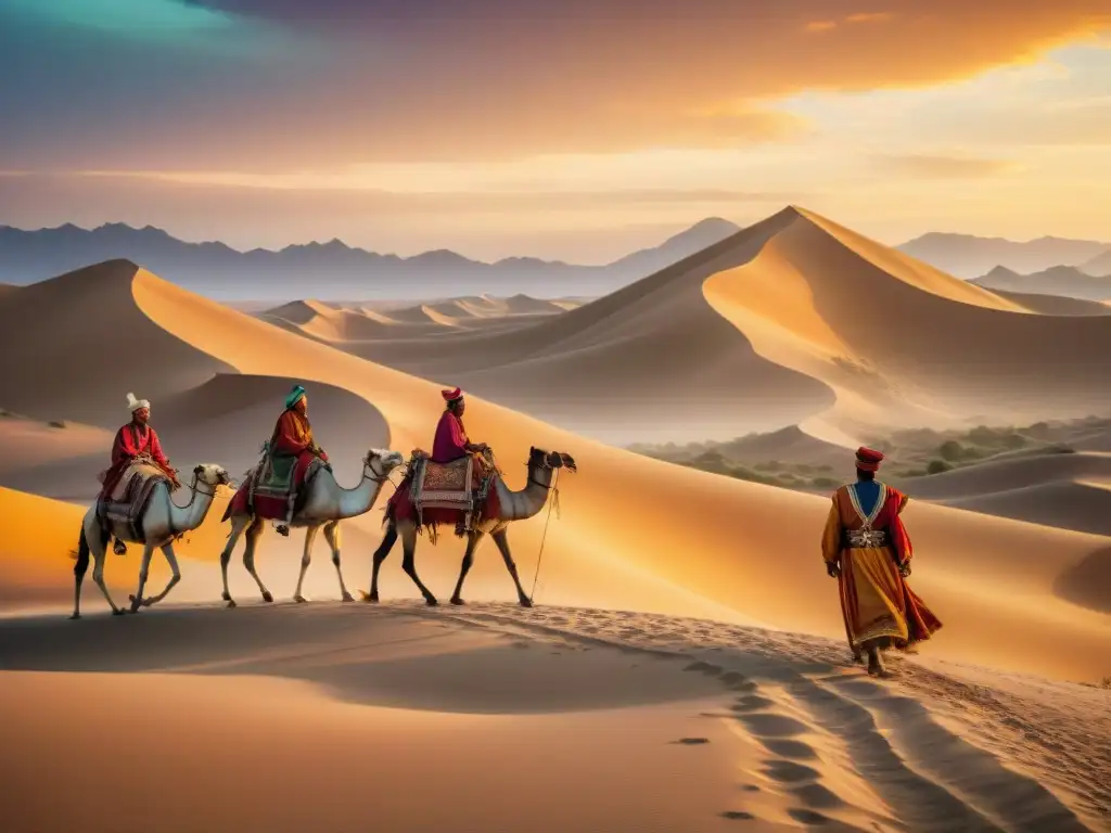 Una escena hipnotizante de tradiciones nómadas en la Ruta de la Seda: caravana de colores cruzando el desierto al atardecer