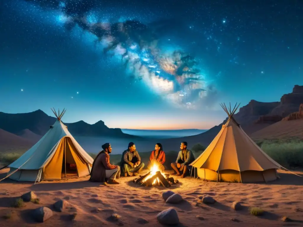 Una escena hipnotizante de tribu nómada alrededor de fogata, bajo estrellas, con tiendas tradicionales y paisaje desértico