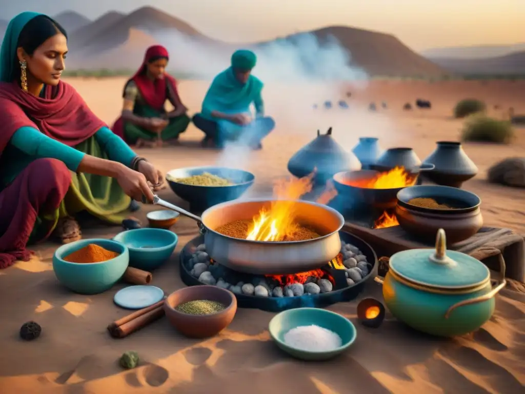 Escena impactante de gastronomía nómada en el desierto, destacando la sostenibilidad y el uso de utensilios vintage