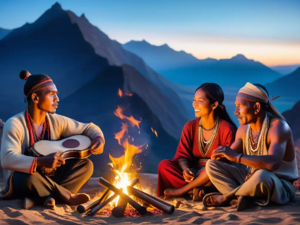 Comunidad nómada alrededor del fuego: música tradicional bajo las estrellas Una escena mágica de música ancestral de tribus nómadas alrededor de la fogata estrellada