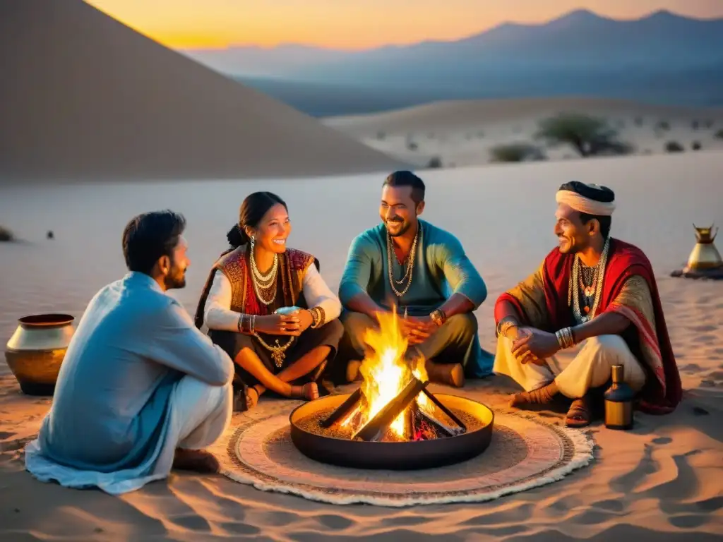 Escena mágica: tribu nómada comparte tradición culinaria alrededor de fogata bajo cielo estrellado